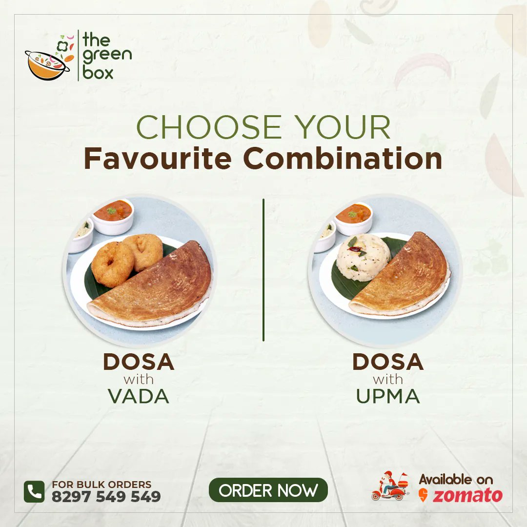 TheGreenBox9's tweet image. Choose Your Favourite Combination
Dosa with Vada Vs Dosa with Upma
.
Order Tasty Pure Vegetarian Food at "The Green Box"
.
Order Now
Available on Swiggy and Zomato
.
#DishoftheWeek  Swiggy  Zomato  #Breakfast #BestFood #celebrationtime  #FoodOnline #TheGreenBox #HyderabadFoodi