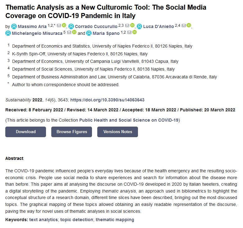 Sus_MDPI's tweet photo. #SUSEditorialChoice
Thematic Analysis as a New Culturomic Tool: The Social Media Coverage on COVID-19 Pandemic in Italy
by Massimo Aria, et al.
https://t.co/2X8RvDsmJZ
#textanalytics #topicdetection #thematicmapping https://t.co/qxFDmcpRQj