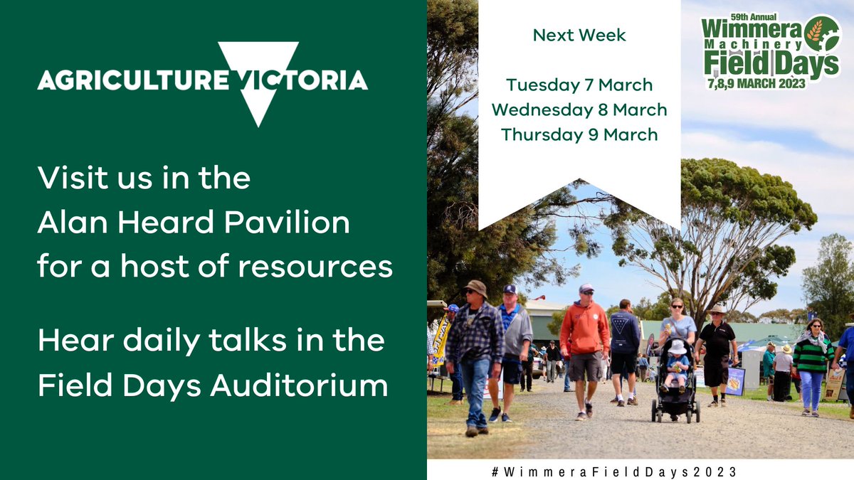 VicGovAg's tweet photo. Coming to the Wimmera Machinery Field Days this year? Technical advice on #AnimalDiseases, info on #support packages for #VicFloods and more available. Find us in the Alan Heard Pavilion and hear daily talks in the #FieldDays Auditorium.
@GRDCSouth @BCG_Birchip
#wmfd #AgTwitter https://t.co/r2rBd2dzCH