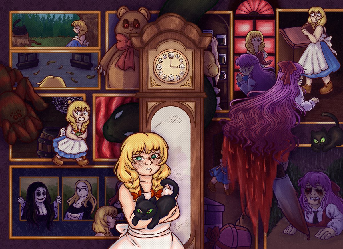[tw: blood, knife]

"After all, it's my house. Why would it ever kill me?"

zine spread i did of the witch's house for <a href="/afemmesofatal/">A Femme so Fatal Zine</a> 💛💜