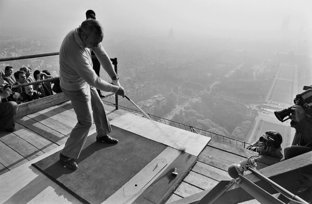 Arnold Palmer driving from the top of the Eiffel Tower in 1977 -