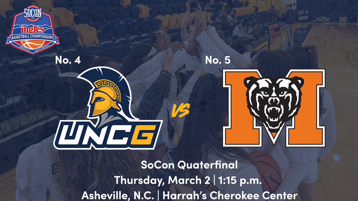 uncgwbb's tweet photo. It's time for some tourney action🏀 Get your tickets today! #letsgoG 

No. 4 Spartans 🆚 No. 5 Mercer 
SoCon Quarterfinal
📅 Thursday, March 2
📍 Asheville, NC
🏟️ Harrah's Cherokee Center
🕐 1:15 PM
📰 https://t.co/H3gVMRdF1K
🎟️ https://t.co/NDRs4QZNrp https://t.co/A3cyhs7GAb