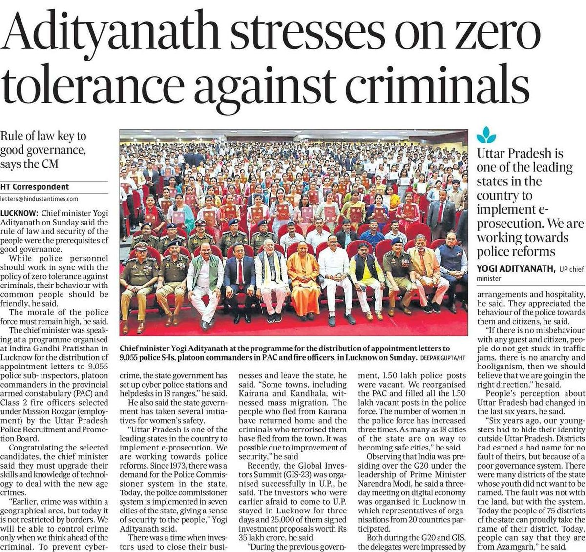 #UPCM <a href="/myogiadityanath/">Yogi Adityanath</a> stresses on zero tolerance against criminals

The rule of law and security of the people were the prerequisites of good governance