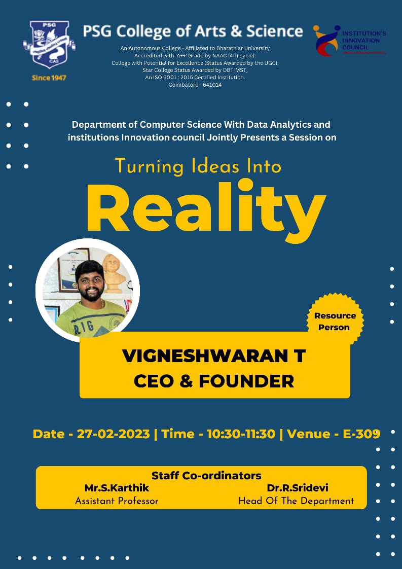 _vigneshwaranT's tweet photo. Excited to be a part of the "Turning Ideas Into Reality" session, presented by the Department of Computer Science with Data Analytics and the Institutions Innovation Council! Join me, as I share my insights on how to bring your ideas to life.
Date: 27-02-2023
Time: 10:30-11:30 https://t.co/ijsbUyy1vM
