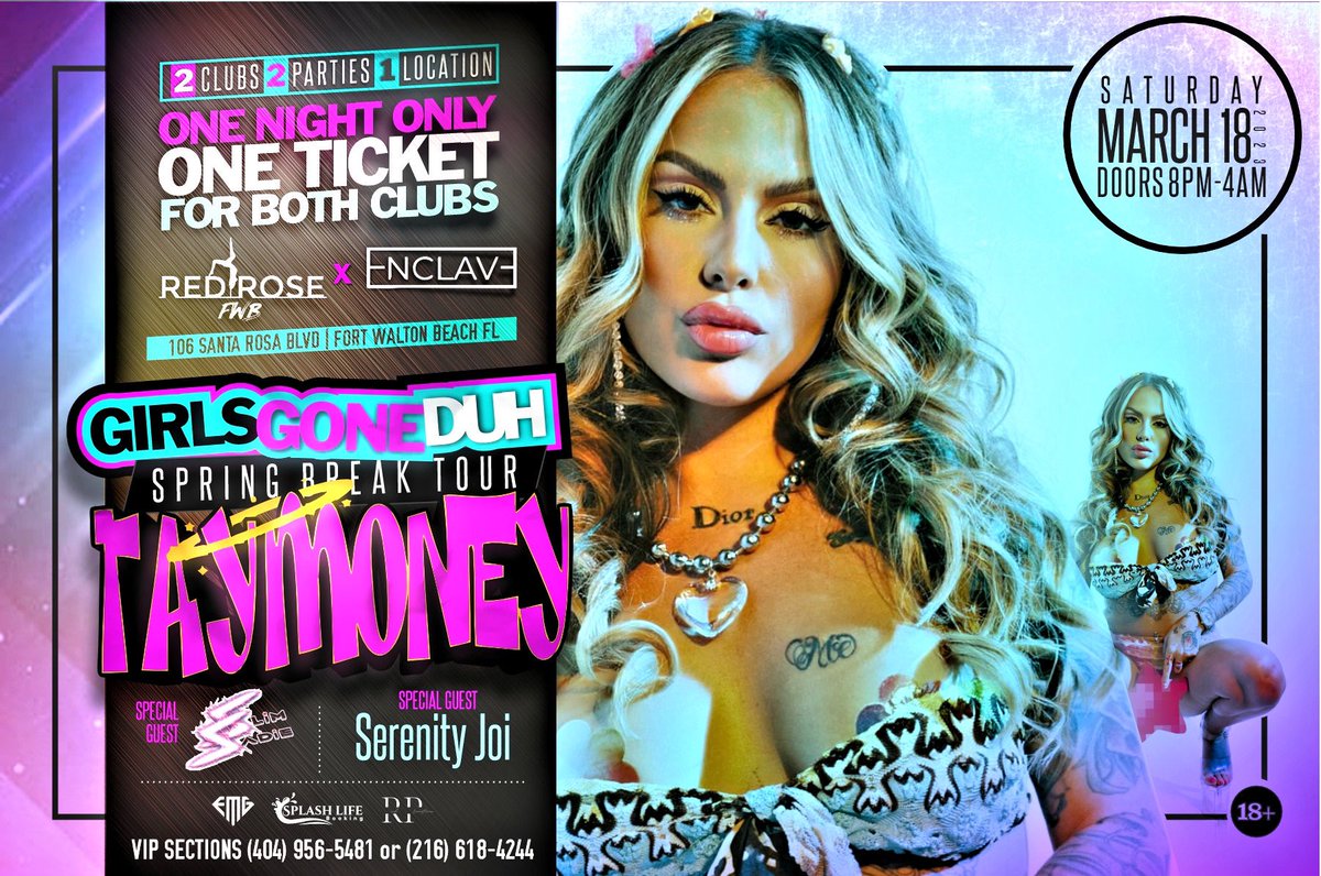redrosefwb's tweet photo. 🌹 Saturday March 18th 🌹

🥳 Girls Gone Duh @taymoneyduh 

🎧 Music by @DJSlimSadie ⚡️🏄🏼‍♀️

📍Fort Walton Beach, FL 🏝️☀️🌊

🎟️ https://t.co/k3uuIGswAG 

#SpringBreak #SpringBreak2023 https://t.co/0MY8mv7iqL