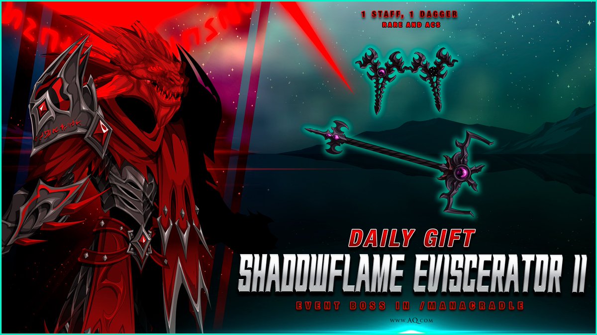 Sunday's daily gift went live at midnight. Have you gotten yours yet? Battle the saga finale boss in the /manacradle map until March 17th to get 2 new rare weapons. Log in each day for a new reward, bonus, or resource boost at AQ.com #AQWDailyGift