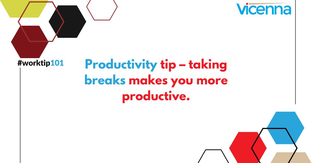 TechlogixGlobal's tweet photo. #worktip101: Nobody, not even highly productive people, can focus for eight hours straight. That’s why taking breaks is so important; research shows it makes people more productive. Even breaks that are just a few minutes long can help you recharge and come up with new ideas. https://t.co/YwSY5bdezM