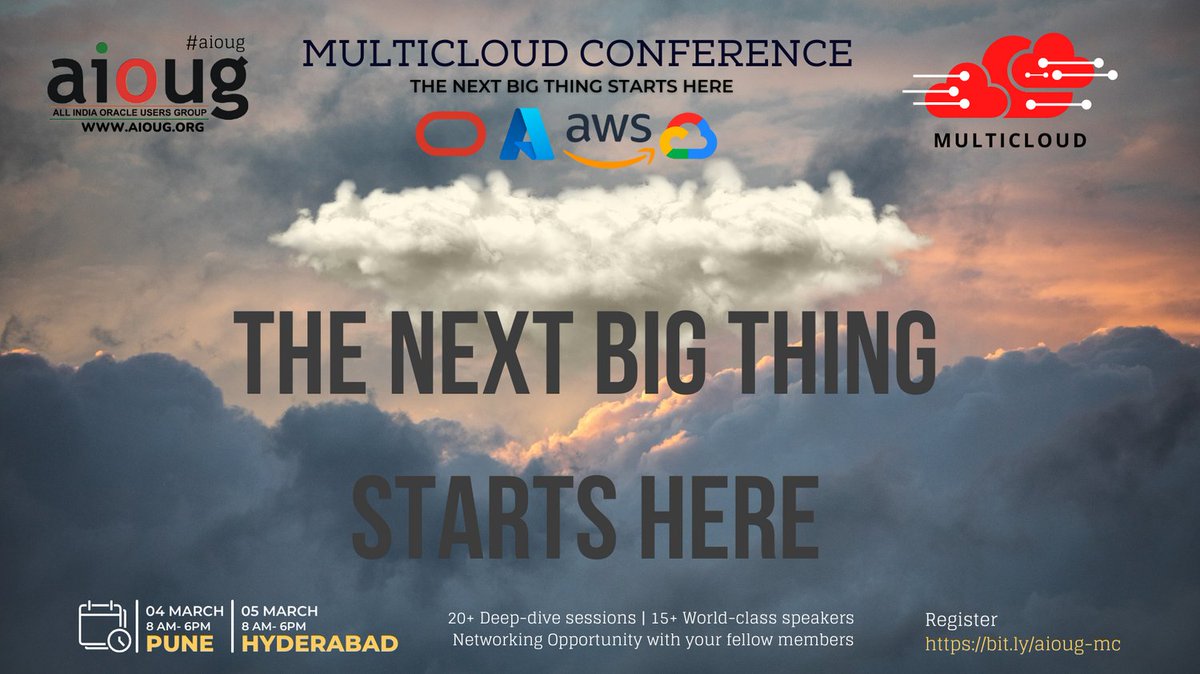 AIOUG's tweet image. Your future is in focus. Take the next step in your career 
Register today  bit.ly/aioug-mc 

@oracleugs @OracleCloud @Azure @awscloud @googlecloud #aioug #oracledatbase #OracleCloud #multicloud