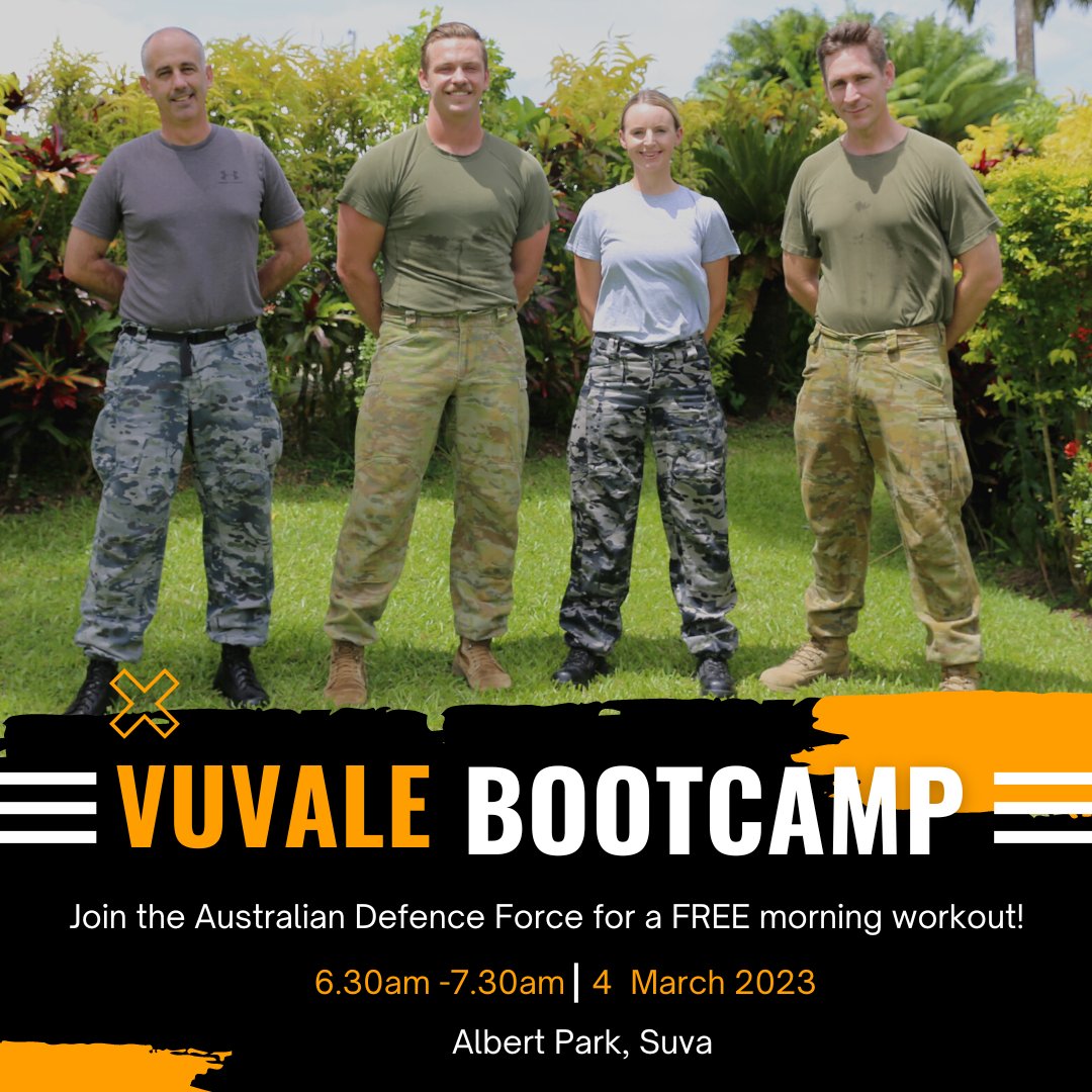 AusHCFJ's tweet photo. 📢Let's go #TeamFiji 💪
#VUVALE #Bootcamp is back! Join #TeamADF this Saturday, March 4th, from 6.30 am to 7.30 am at Albert Park. Get in shape &amp;  have lots of fun with your family &amp; friends. No fitness level required. And it’s absolutely FREE with light breakfast provided🥣🥤 https://t.co/nXwyDSBFmy