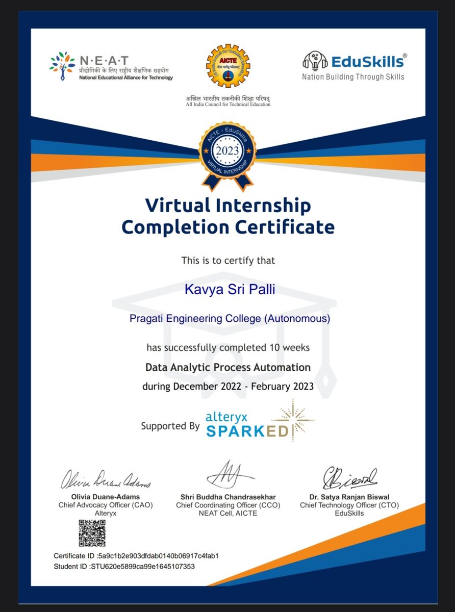 kavyasripalli's tweet image. Completion of Data Analytics Process Automation
#EduSkills 
#Internship
#AlteryxSparked
#EduSkills_Foundation