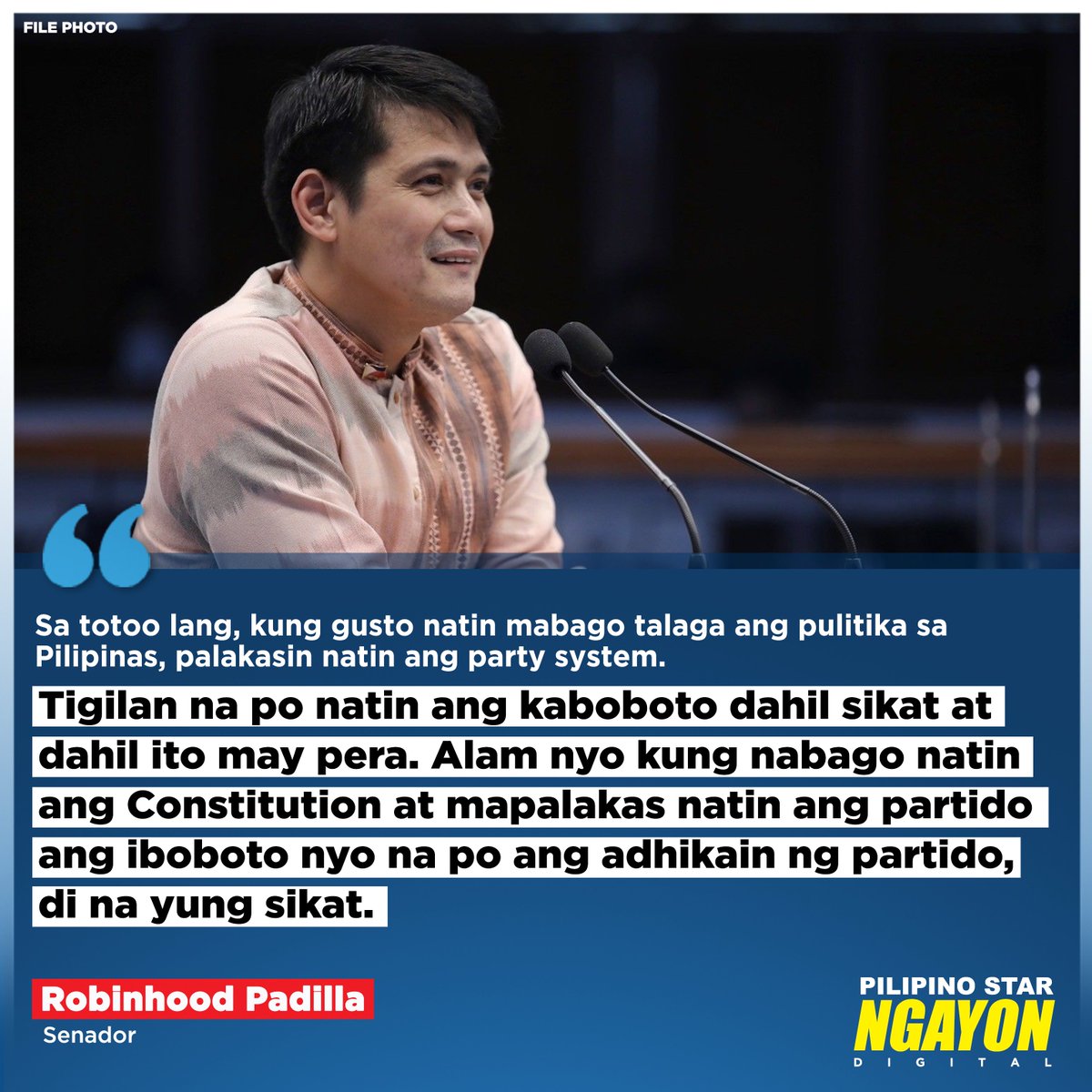psngayondigital's tweet photo. 'TIGILAN NA PO NATIN ANG KABOBOTO DAHIL SIKAT AT DAHIL ITO MAY PERA'

Ito ang iginiit ni Senador Robinhood Padilla sa isang statement kung saan nagpahayag ito ng kanyang pagsuporta sa pagbuwag ng party-list system at pagpapalakas ng party system. https://t.co/eP6P7kQnN2