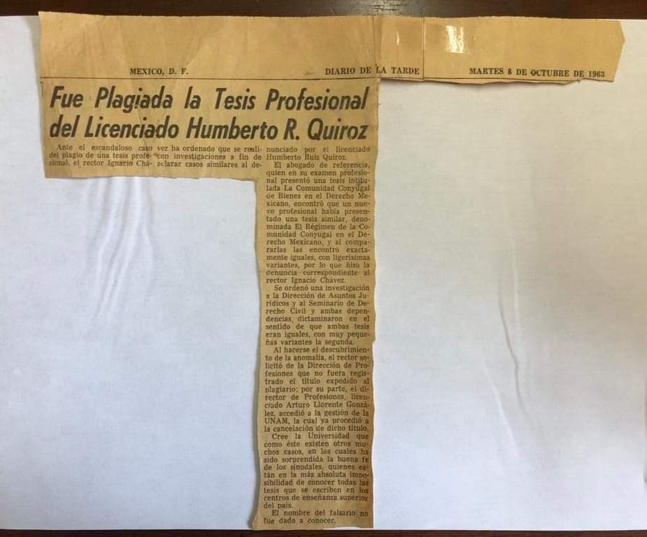 Millo_Netas's tweet photo. Esta noticia es muy importante: existe el precedente en la UNAM Universidad Nacional Autónoma de México que en 1963 anuló el examen profesional y quitó el título por plagio. Esto debe difundirse de modo masivo para que llegue hasta el sr. Ministro González Alcántara Carrancá. https://t.co/xvR9M0shnD