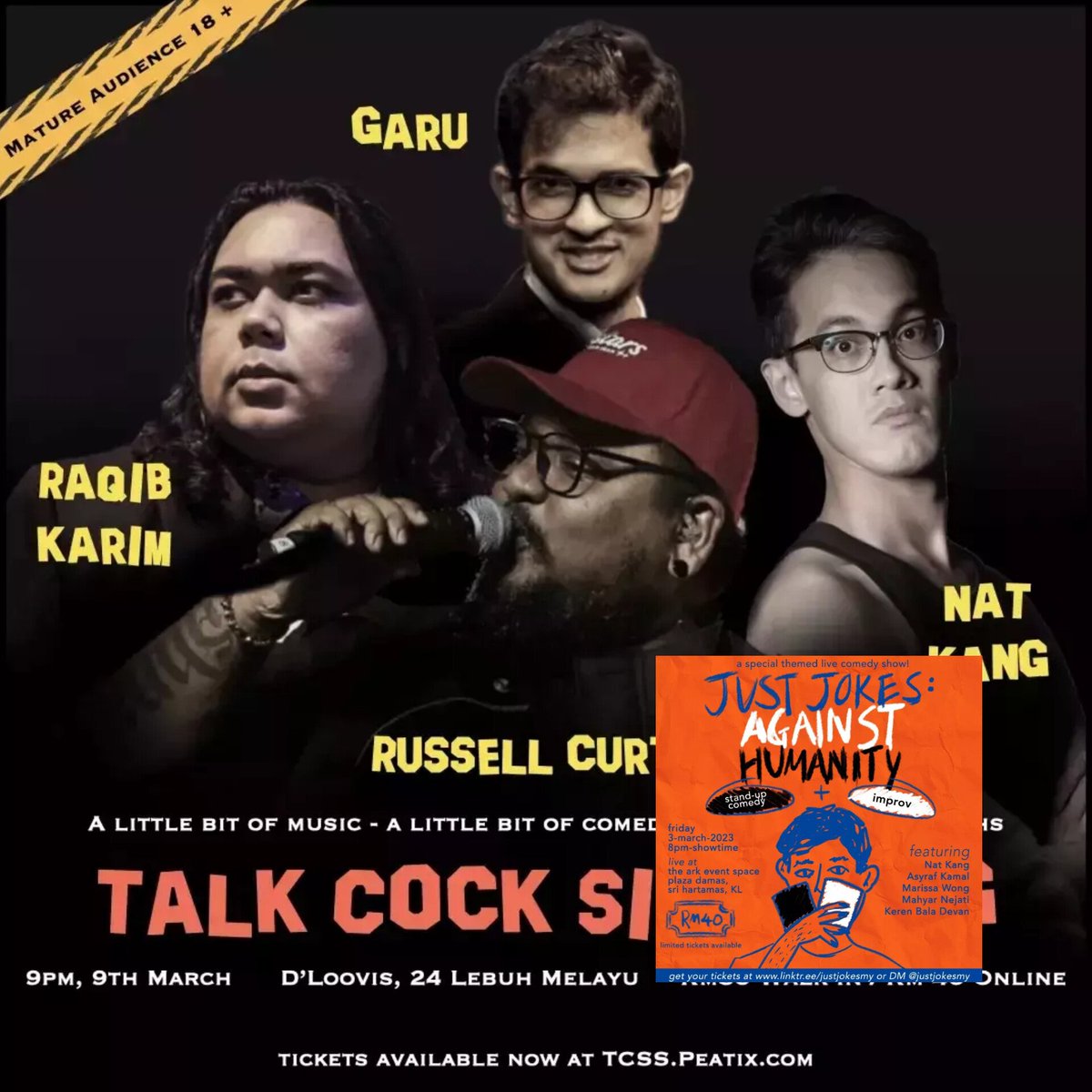 2 weeks, 2 states, 2 shows 🔥

Fri 3/3 Kuala Lumpur
Just Jokes Against Humanity
Explicit comedy + Improv
justjokes-against-humanity.peatix.com

Thu 9/3 Penang
Talk Cock Sing Song
Music comedy
tcss.peatix.com