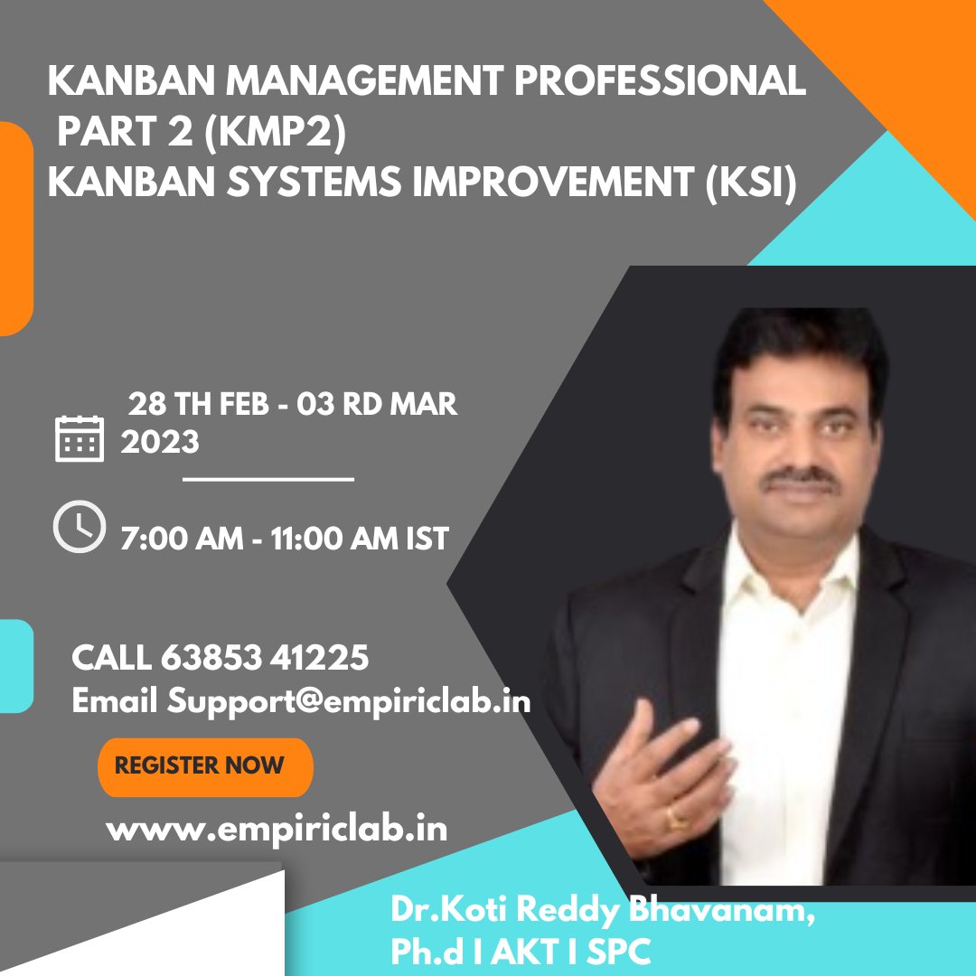EmpiricManagem1's tweet photo. Kanban Management Professional certification course. Join the Kanban Systems Improvement KMP 2. Enroll now!call +91-6385341225
For Registration: https://t.co/FlRohn1aTa
@KotiBhavanam
#kanban #Training #kmp2training #Training #onlinecourse #kmp2 #Online #remote #course #learn https://t.co/KSXtA9QRGz