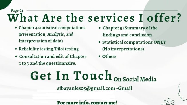 Good afternoon!

Lf client/s, feel free to dm me if you have any inquiry 📩✨ I am accepting sem-rush to non-rush

See my #Les_servproofsfeedbacks

Statistics statistician spss excel statistical treatment data analysis presentation analysis and interpretation chapter 4 5