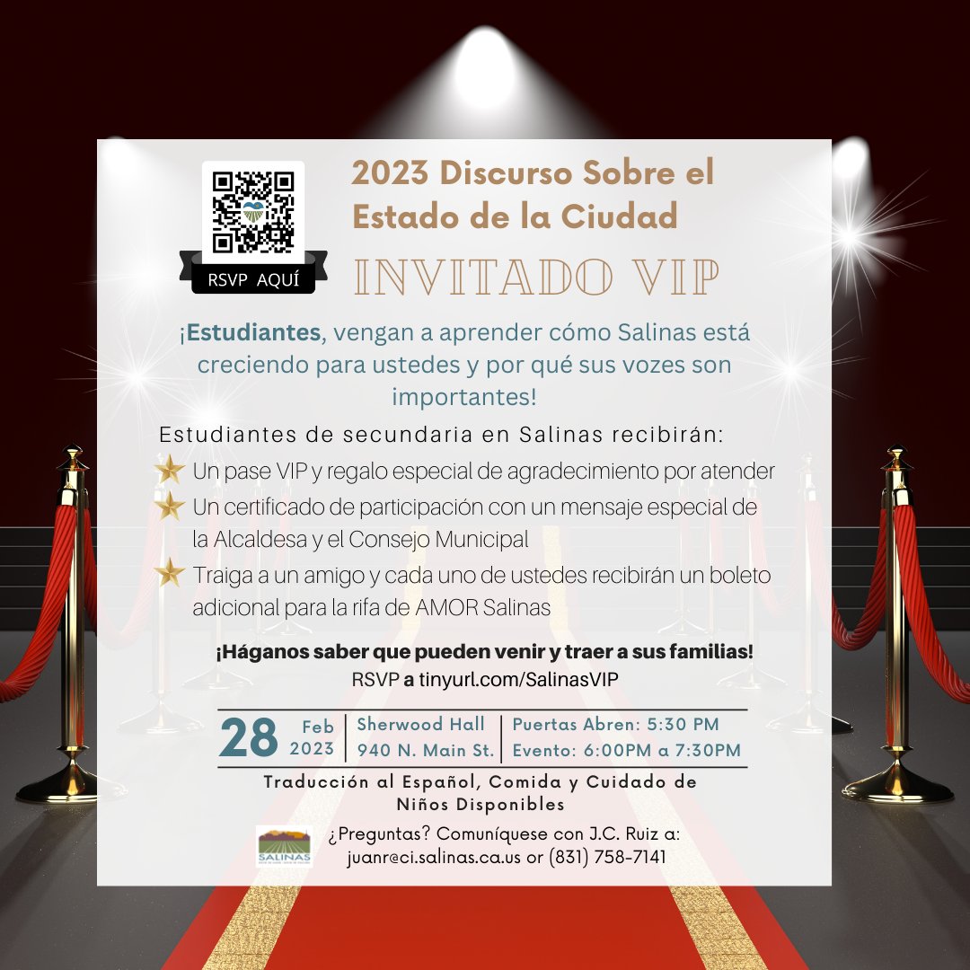 📢  High School Students! Come by Sherwood Hall on Tuesday 2/28 as our VIP 🤩 guest! Raffle, swag, and a certificate of participation for attending the event and checking out the resource tables. Volunteer opportunities available! 
#SalinasVIP #YouthCivicEngagement