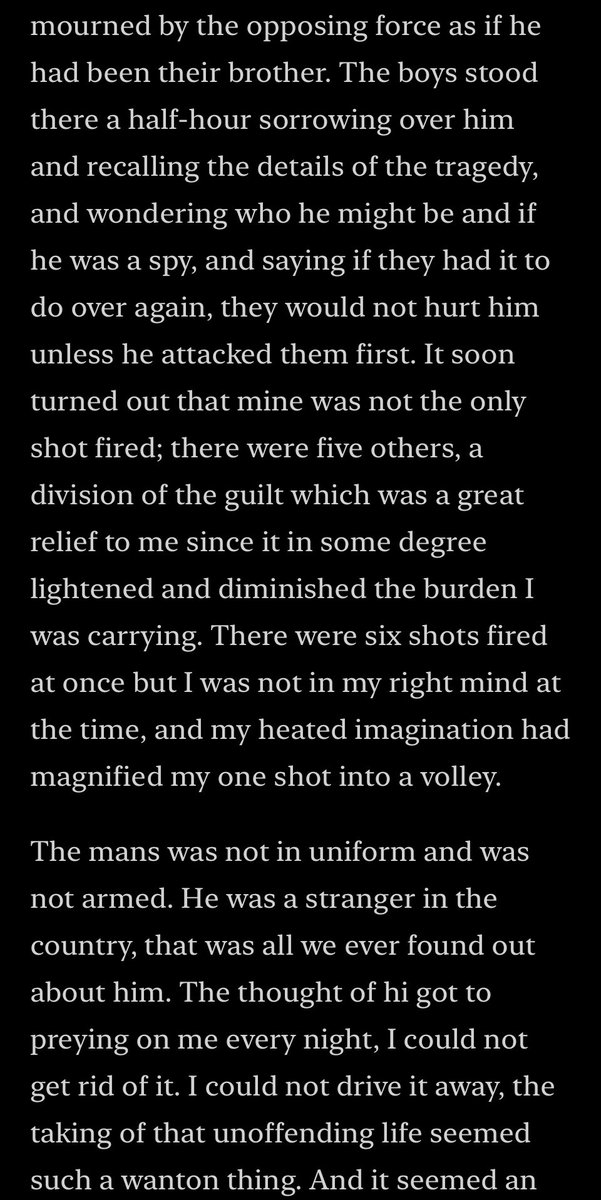 emeriticus's tweet photo. Mark Twain briefly served in a Confederate unit during the Civil War and wrote a fictionalized sketch of his experience called “The Private History of a Campaign That Failed.” It contains a description of the killing of a man that is haunting and which comes to kind whenever conservative and liberal NPCs try to hammer the Civil War into a dumb “traitors versus patriots” narrative.