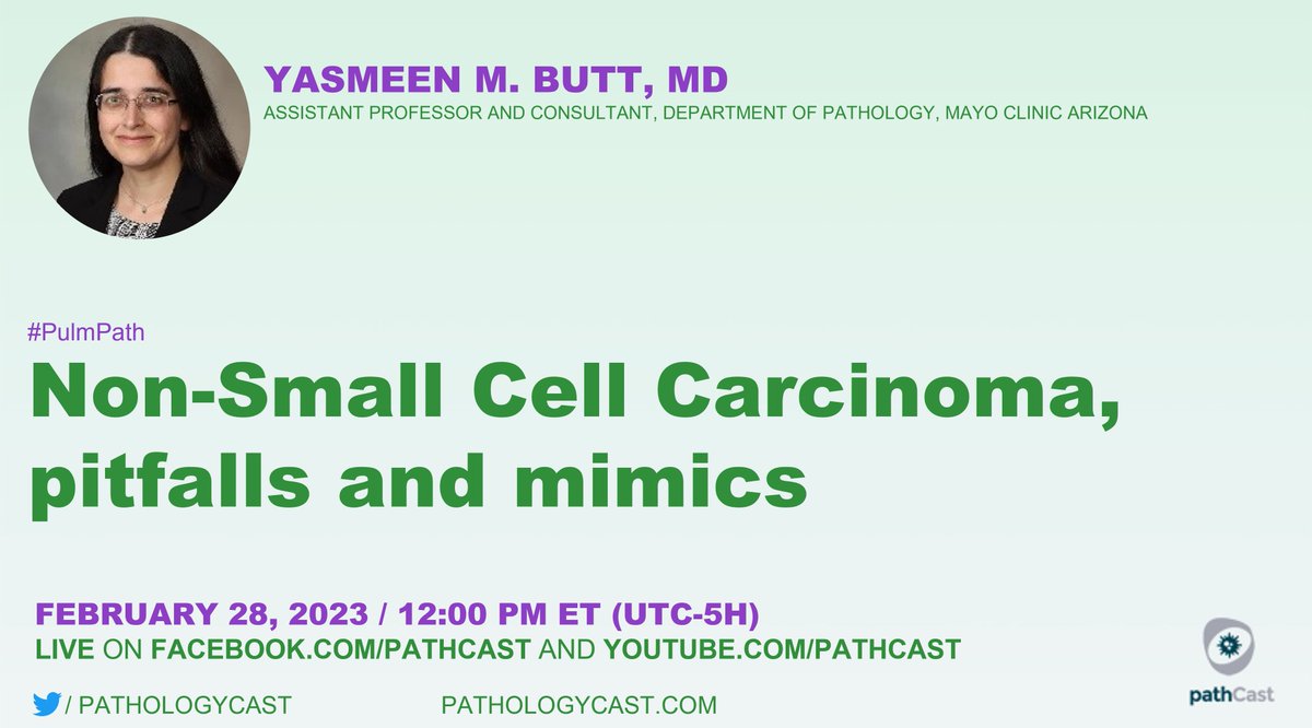 pathCast (@pathologycast) on Twitter photo #PULMPATH Non-Small Cell Carcinoma, Pitfalls and Mimics (Dr. <a href="/YasmeenButtMD/">Yasmeen M. Butt</a>, Assistant Professor of Pathology, <a href="/MayoClinic/">Mayo Clinic</a>, Arizona )
π February 28, 2023 - 12:00 PM (ET, NYC) #PULMPATH Non-Small Cell Carcinoma, Pitfalls and Mimics (Dr. <a href="/YasmeenButtMD/">Yasmeen M. Butt</a>, Assistant Professor of Pathology, <a href="/MayoClinic/">Mayo Clinic</a>, Arizona )
π February 28, 2023 - 12:00 PM (ET, NYC)