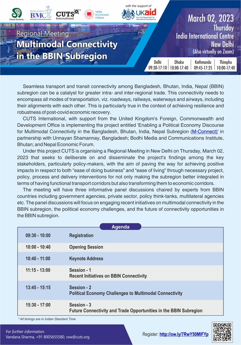 cuts_mconnect's tweet photo. 3 DAYS TO GO!⬇️
#Regional #Meeting on #Multimodal #Connectivity in the #BBIN #Subregion on Thursday, March 02, 2023
To register: https://t.co/2xnLE1s5Ep
#MConnect
@bc_cuts @SecyP2DS @Clement_Kuan @FCDOGovUK @LPAI_Official @SreeradhaDatta @NEFNepal @jica_direct_en @UNESCAP https://t.co/2s88hCdaCk