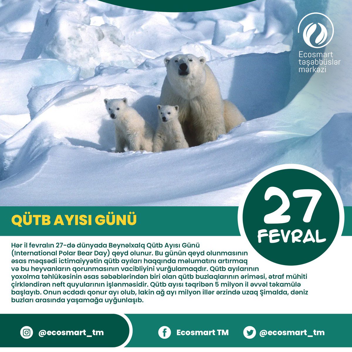 Hər il fevralın 27-də dünyada Beynəlxalq Qütb Ayısı Günü (International Polar Bear Day) qeyd olunur. 

#EcoSmart #gələcəküçün #forthefuture #saveecology #saveanimals #polarbear #polarbearday