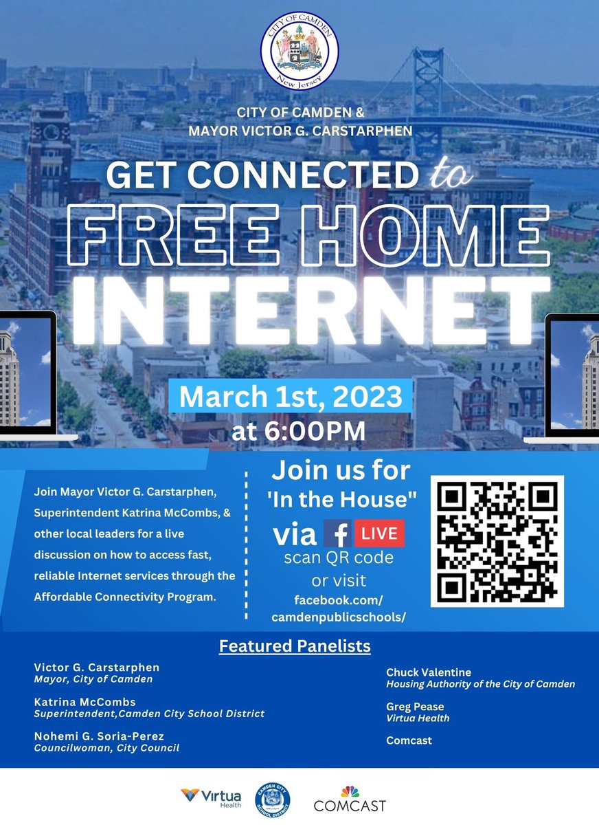 Join us on Wednesday, March 1 at 6 pm, live on our Facebook (Camden City School District) page for a conversation on how you can get free, reliable home internet!