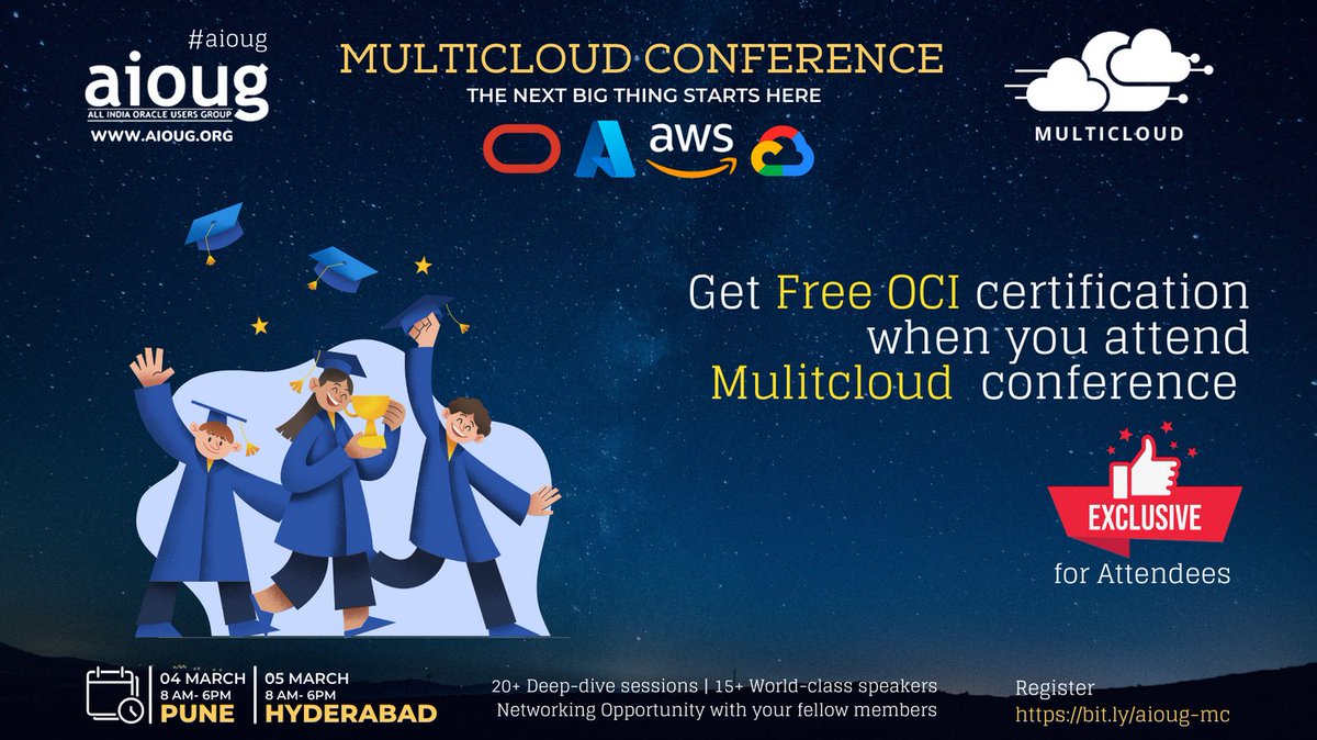 AIOUG's tweet image. Did you hear the news? Get free OCI certification when you attend MultiCloud Conference  Register today  bit.ly/aioug-mc 

@oracleugs @OracleCloud @Azure @awscloud @googlecloud #aioug #oracledatbase #OracleCloud #multicloud