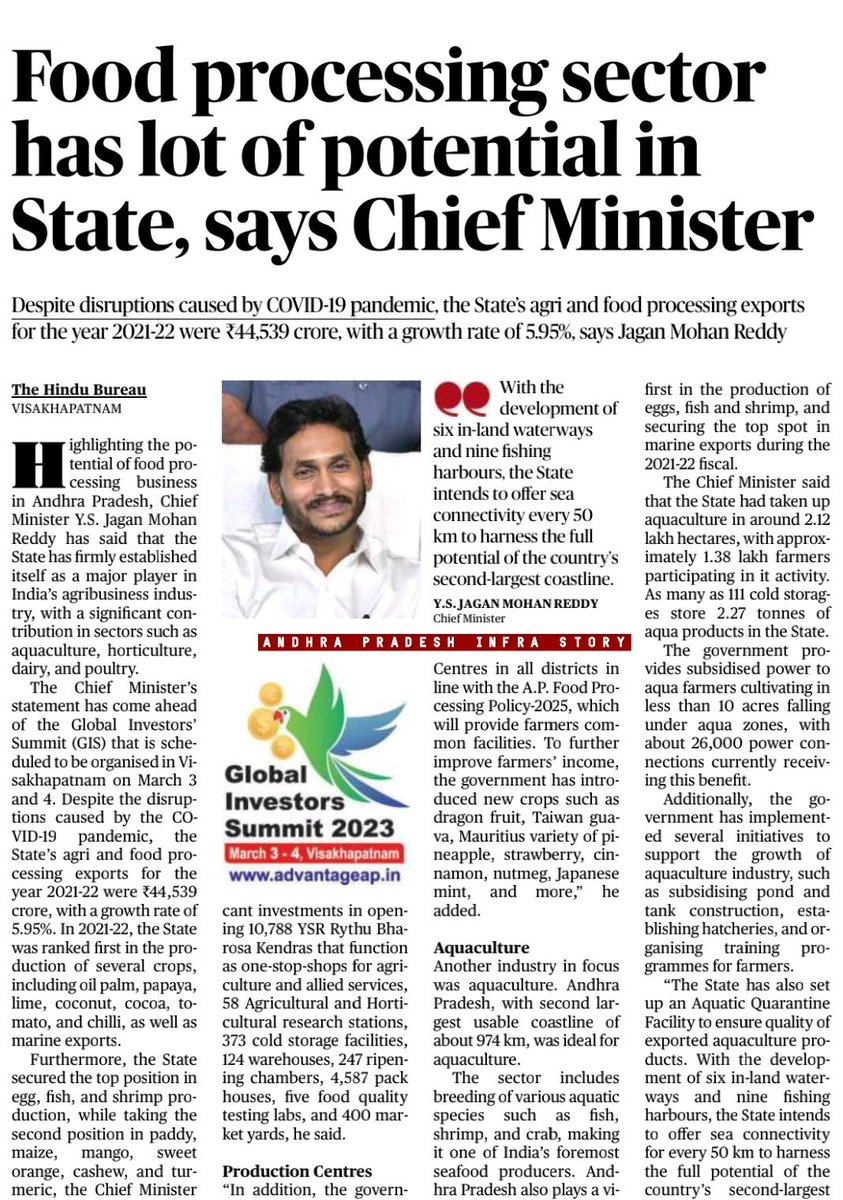 APInfraStory's tweet image. 🔸Food processing sector has lot of potential in State

🔹Despite disruptions caused by COVID-19 pandemic, the State&apos;s agri &amp;amp; food processing exports for the year 2021-22 were 44,539 cr, with a growth rate of 5.95% : CM @ysjagan  

#AndhraPradesh #InvestInAP #FoodProcessingSector