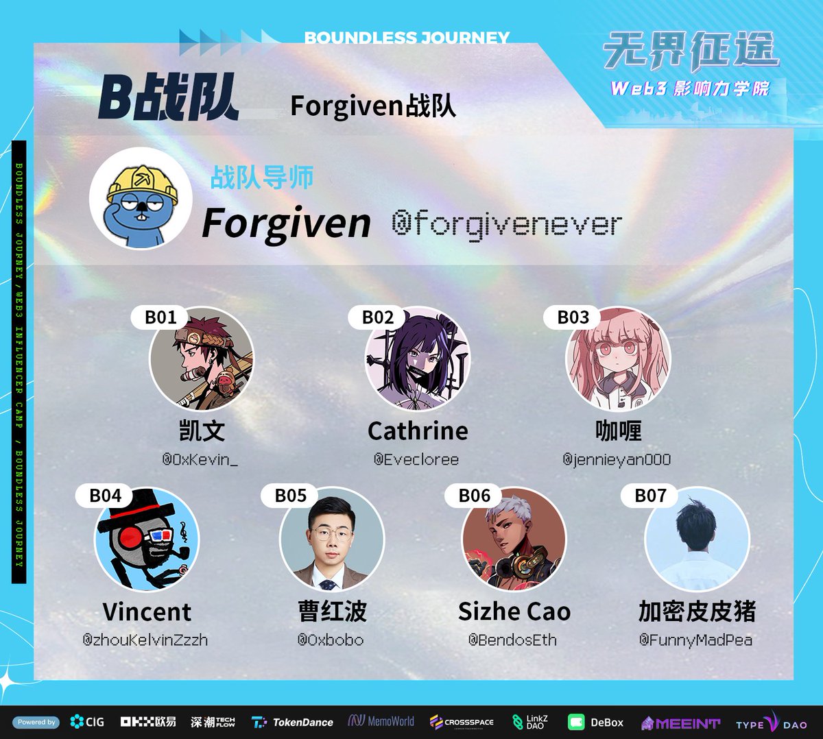 kolcamp's tweet photo. B战队导师：Forgiven老师 @forgivenever 
B战队学员：凯文 @0xKevin_ Cathrine @Evecloree 咖喱@jennieyan000  Vincent @zhouKelvinZzzh 曹红波@Oxbobo Sizhe Cao @BendosEth 加密皮皮猪@FunnyMadPea https://t.co/E3VZSwh0aX