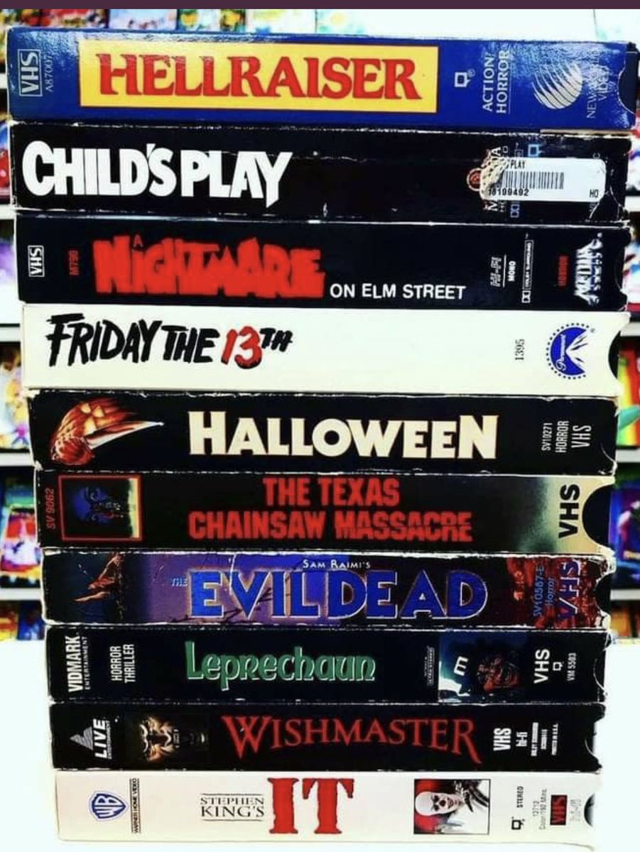 Which four VHS tapes are you choosing? Hellraiser ⛓Halloween 🎃 TCM 🍖 The Evil Dead 💀