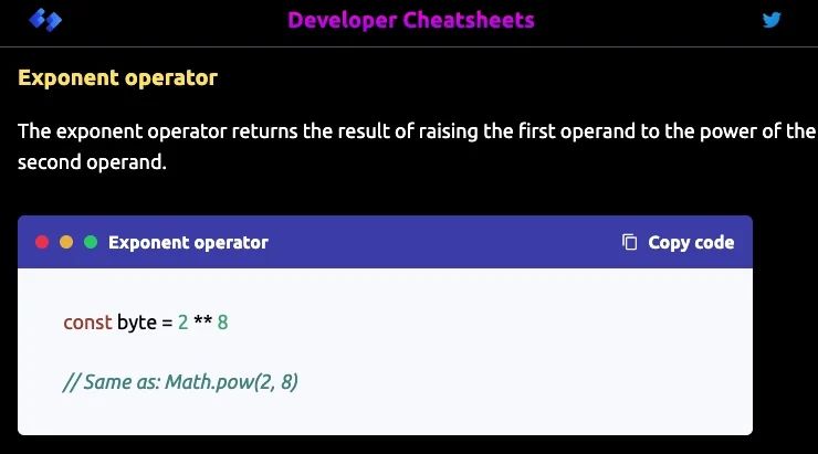 DevCheatsheets's tweet image. ES6 exponent operator - daily dose of JS.

Web Dev cheatsheets @ developercheatsheets.com

#webdevelopment #developer #cheatsheets #javascript
