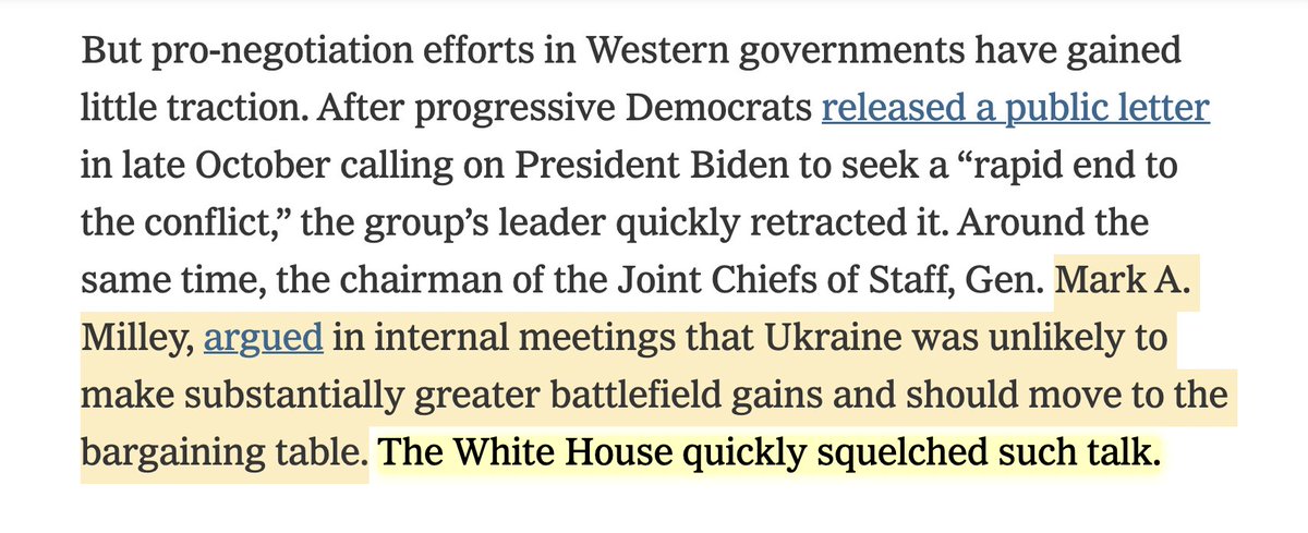 aaronjmate's tweet image. NYT notes that after the chair of the Joint Chiefs, Gen. Mark Milley, argued that &quot;Ukraine was unlikely to make substantially greater battlefield gains and should move to the bargaining table,&quot; the White House &quot;quickly squelched such talk.&quot;

No peace talk in this White House.