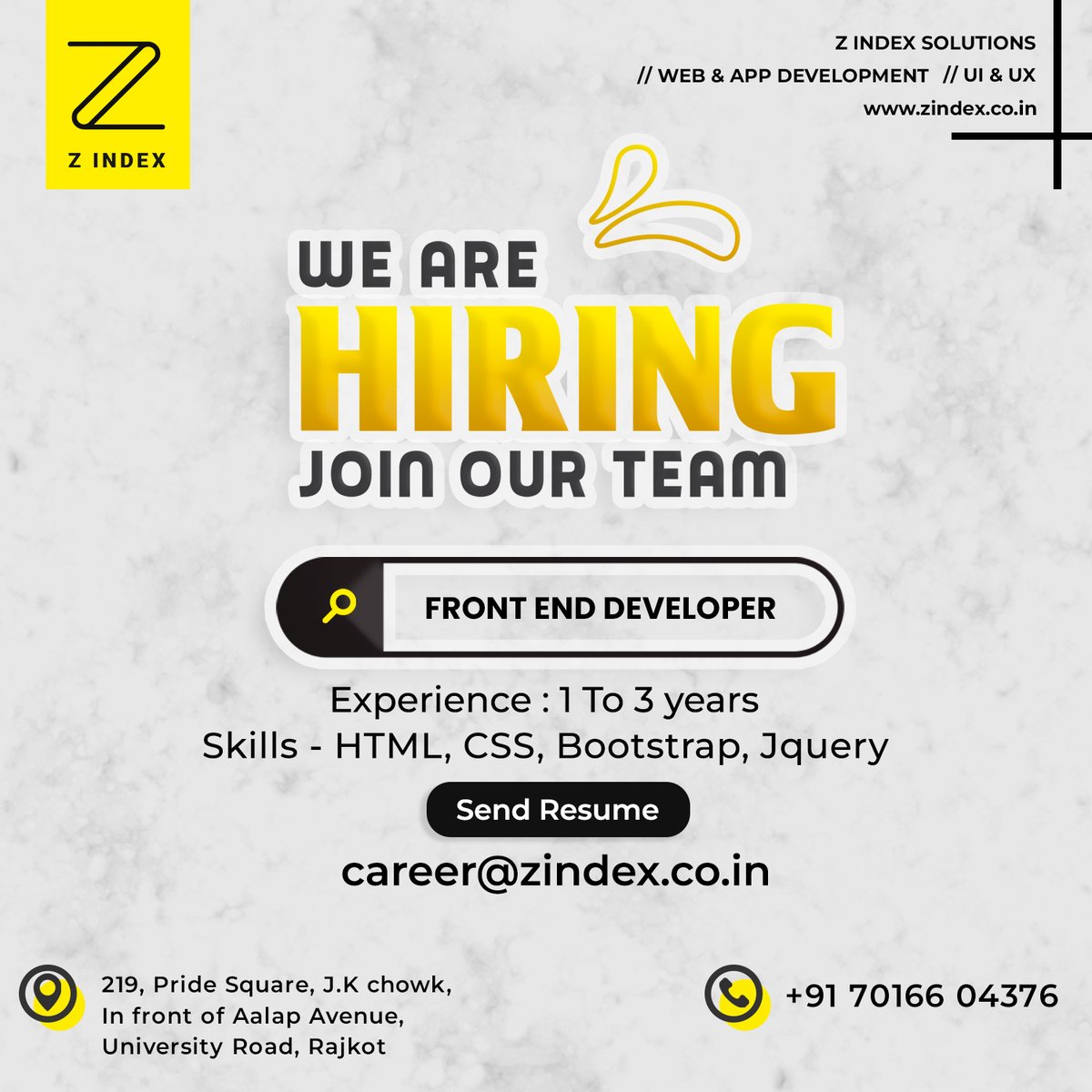 ZindexSolutions's tweet image. Don’t wait for the right opportunity, create it.
@ZindexSolutions is hiring experienced #frontenddevelopers having a minimum 2 years of experience.
Location: #rajkot #wfo 
You just need to Apply at :
Mail : career@zindex.co.in or hr@zindex.co.in
Contact us on +91 7016604376