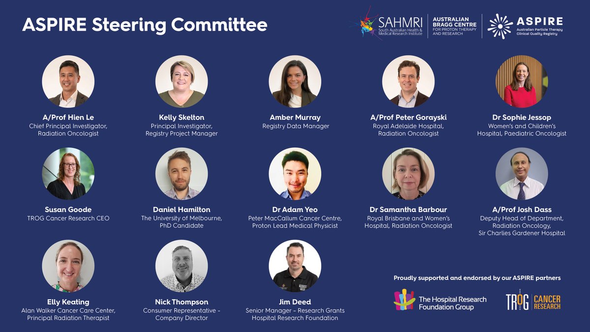 Let us introduce you to the Australian Particle Therapy Clinical Quality Registry (ASPIRE) National Steering Committee. 

Learn more about ASPIRE and the goals and aims of the committee here:
ℹ️ protontherapy.sahmri.org.au/aspire-steerin…

#Protontherapy #Data #CQR