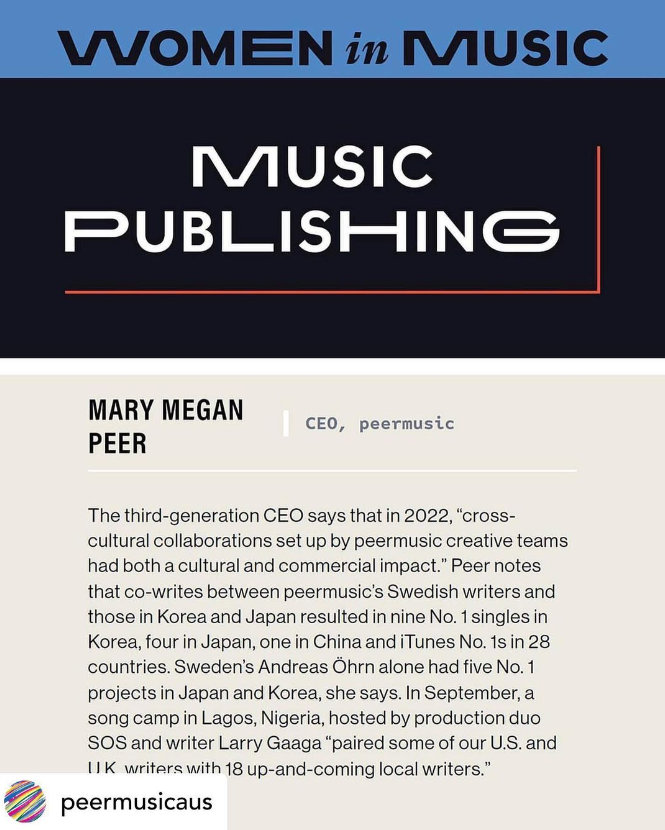 Congratulations to peermusic CEO <a href="/MaryMeganPeer/">Mary Megan Peer</a>  on making <a href="/billboard/">billboard</a>'s 2023 Women in Music Top Executives list and to all the other honorees selected this year! #BBWomenInMusic

Full Story: billboard.com/h/groups-label…

instagram.com/p/CpKdAzeInoo/…