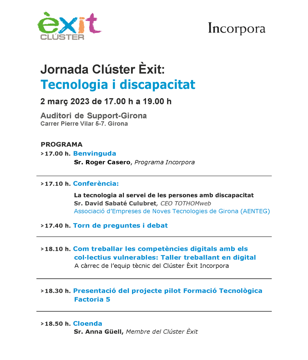 caritasgirona's tweet image. TREBALL EN XARXA | Nova jornada del Clúster Èxit: Tecnologia i discapacitat. L'acte comptarà amb Anna Güell, gerent d'#Ecosol, empresa d'inserció de @caritasgirona 

T'esperem! 🤗

🗓️ 02/03
⏰ A les 17 h
📍 Auditori de Support-Girona #Girona
🎟️ Inscripció: tuit.cat/9J4AW