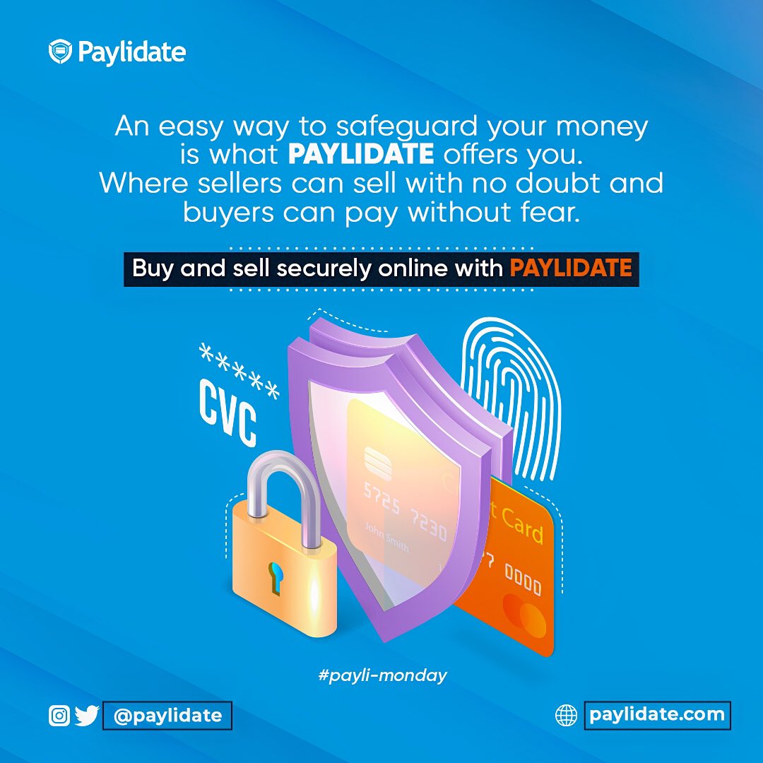 paylidate's tweet photo. It’s another Payli-monday!
An easy way to safeguard your money is what PAYLIDATE offers you.
Buy and Sell securely online with PAYLIDATE.
#paylidate #meethalfway #paymentvalidation #buyersandsellers https://t.co/DJvRg90R2D