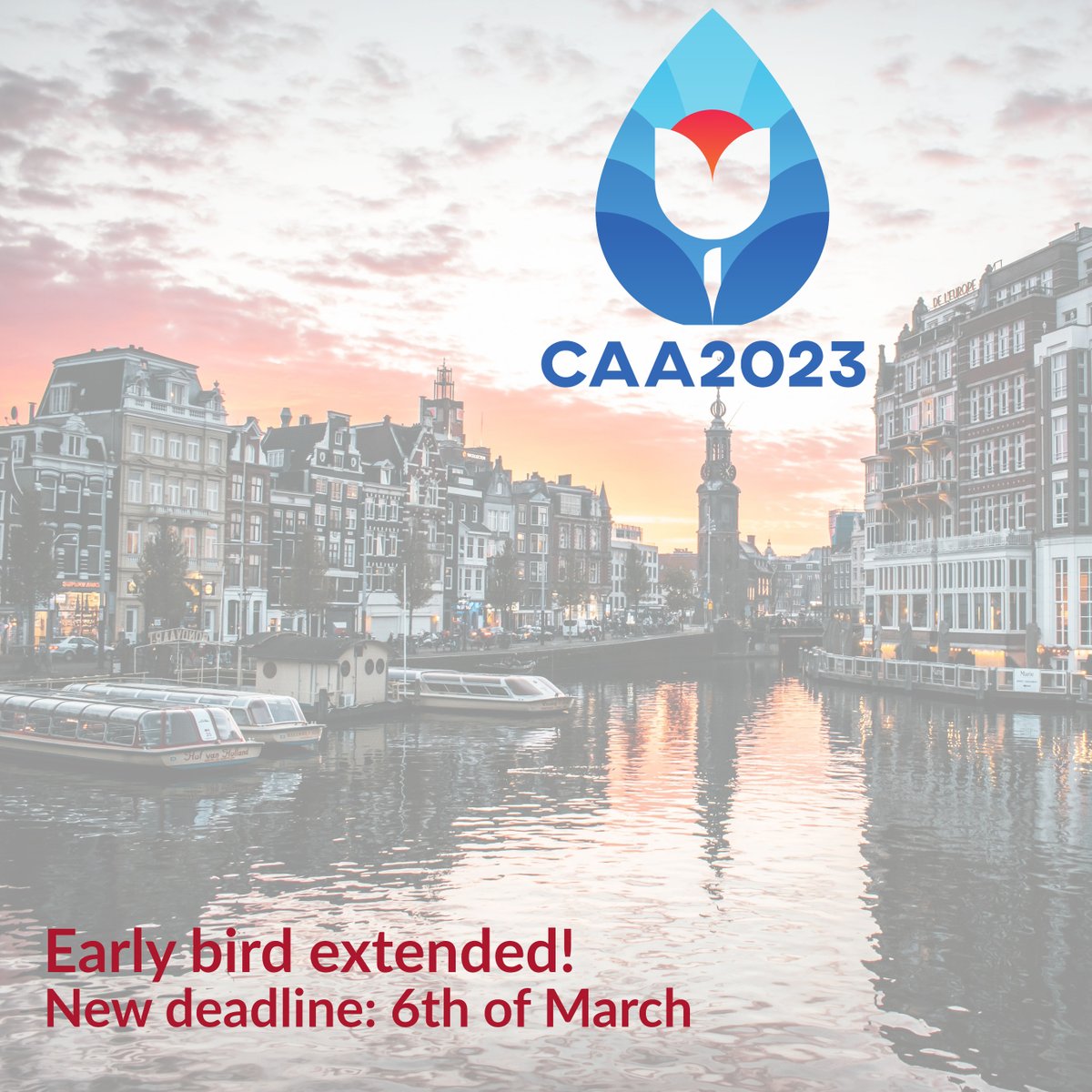 The early bird registration deadline has been extended to the 6th of March!

If you haven't registered yet, there's still time to take advantage of the reduced fee.

Register here 👉 2023.caaconference.org/conference-inf…

#CAA2023Ams