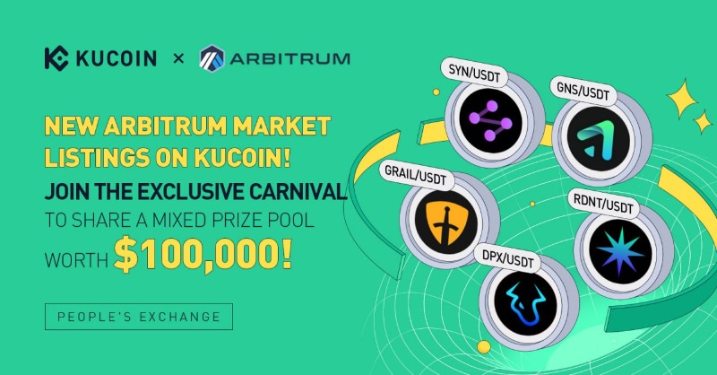 kucoincom's tweet photo. Arbitrum Ecosystem Listing Carnival: Synapse (SYN), Gains Network (GNS), Camelot (GRAIL), Dopex (DPX), and Radiant Capital (RDNT)