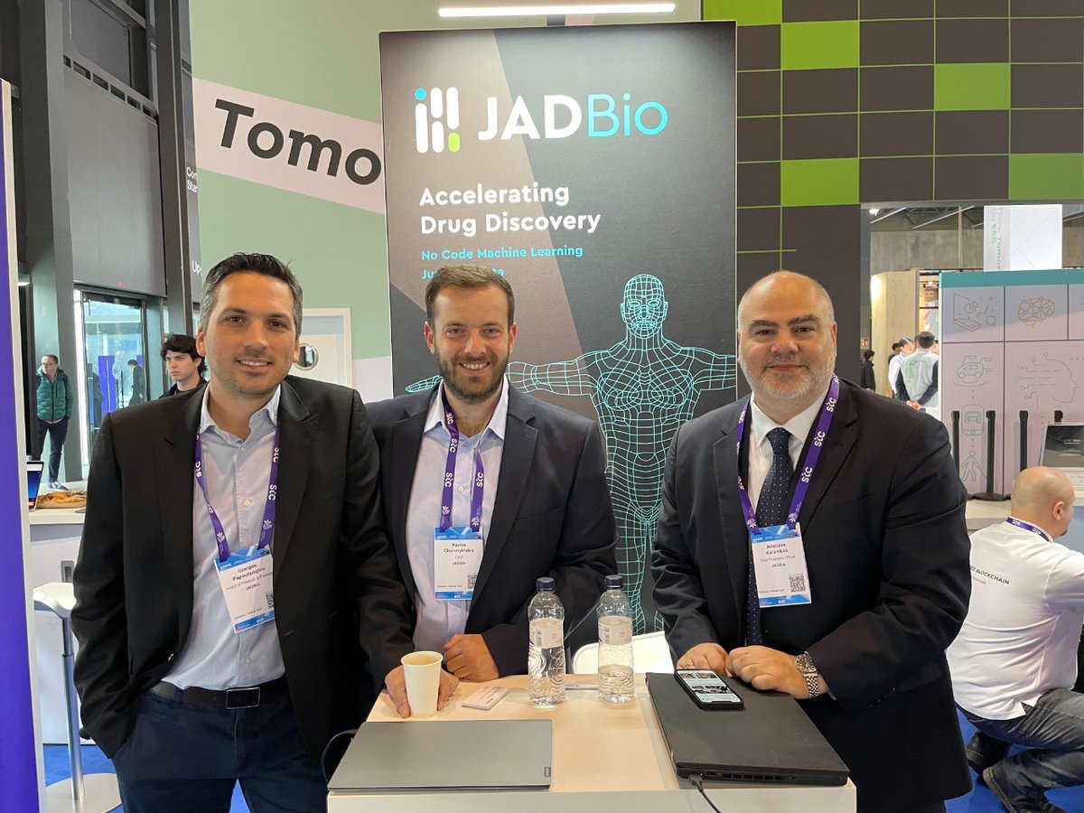 WeAreJADBio's tweet photo. 😀 Day 1! We are looking forward to meeting and showing you our #AutoML platform that makes it easy to build #MLmodels, predict the best treatment options for a patient &amp; enhance drug discovery outcomes! 
Hall 8.1 Stand 8.1A20! 
@aris_karanikas  @haronykt 
#MWC23 #JADBioMWC23 https://t.co/AZ3ze5S55b