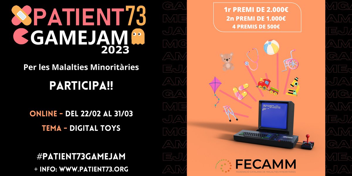 🕹️ Arriba la #Patient73GameJam per les #MalaltiesMinoritàries amb premis de fins a 2.000€. Un certamen per donar a conèixer aquestes malalties i crear sinèrgies de col·laboració entre les associacions de pacients i els participants.

🔗 patient73.org/portal1/M_item…
