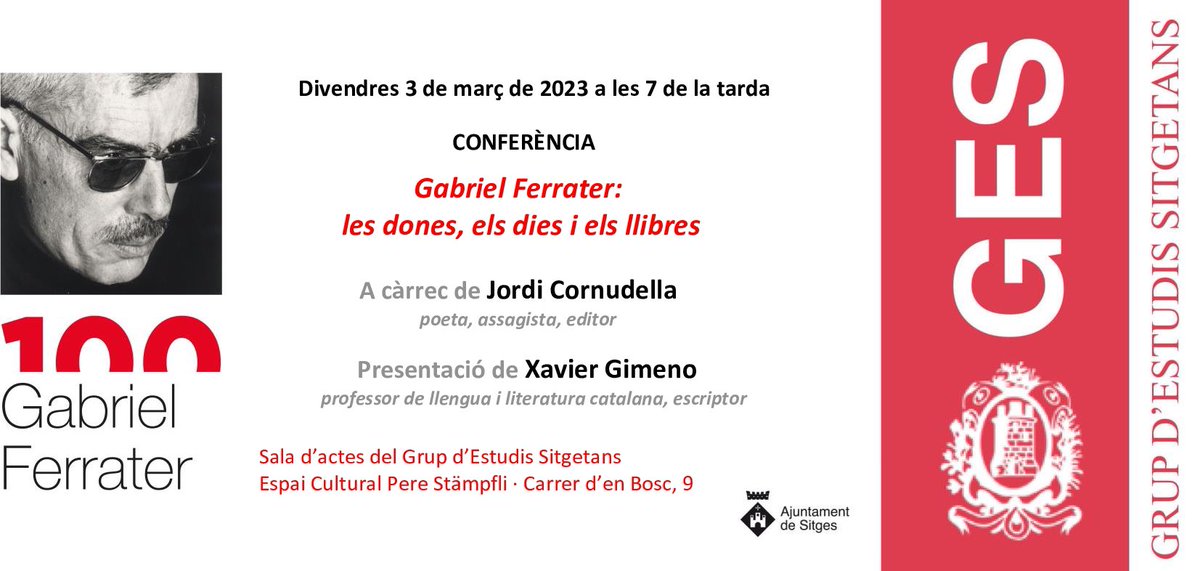 Divendres 3 de març a les 7 de la tarda, conferència <a href="/AnyFerrater/">AnyFerrater</a> a #Sitges a càrrec de Jordi Cornudella. Us hi esperem!!!