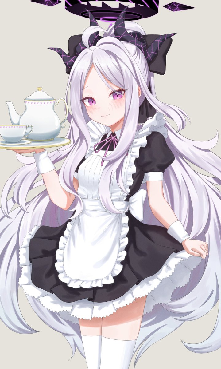 hina (blue archive) 1girl horns solo alternate costume maid long hair purple eyes  illustration images