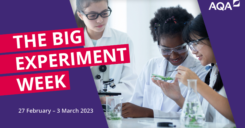AQA's tweet photo. The Big Experiment Week is finally here! Visit our website to gain access to practical content every day and help inspire and engage your students.
#aqaexperimentweek #biology #physics #chemistry #combinedscience #aqascience