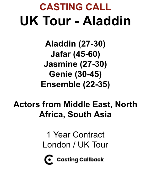 CastingCallbac1's tweet photo. Casting Call - 1 Year, UK Tour, ALADDIN
FREE TO APPLY:
https://t.co/qozlat0bzD

Pls RT and Share
#castingcall #actors #actorslife #audition https://t.co/2q9WMd8hIJ