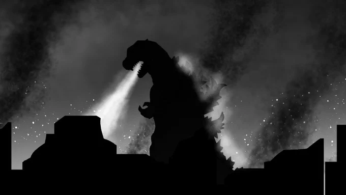 #ゴジラOW の第1話と第2話は当初カラーで描くことも考えましたが、初代と同じ世界観であることを表すために白黒にしました。第2話の途中でゴジラの目だけ色をつけたのは、初代ゴジラの世界観からここで分岐するという意味も込めています。#ゴジラ #Godzilla 