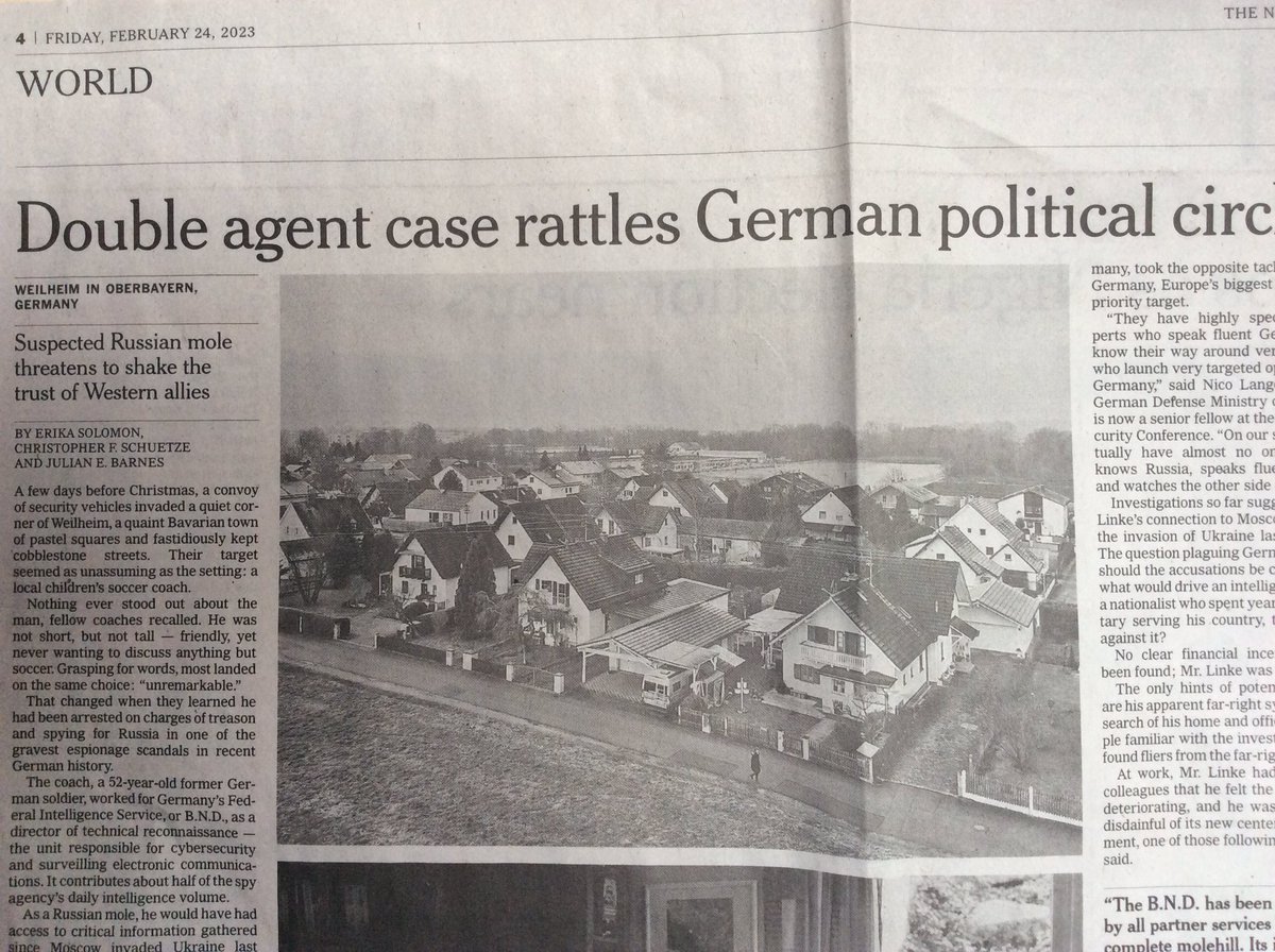 HHirte's tweet photo. Ein Must Read für den Einfluss von #Russland in 🇩🇪, inzwischen auch in der International @nytimes. Und die Erklärung, warum über die Festnahme des #Doppelagent #DoubleAgent Carsten Linke im Dezember 2022 kaum berichtet wird.
@nicolange_ @RKiesewetter https://t.co/UTTmPx7Sny