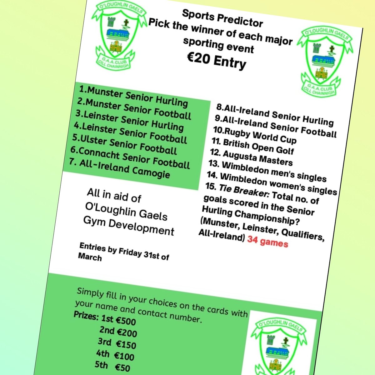 oloughlingaels's tweet photo. For entries to the 'Sports Predictor' Players Gym Fundraiser just contact:
Mark Bergin 087.2995892
Alex Sheridan 083.3507153
Ben Leydon 087.9445760
Conor Heary 086.1003550
Evan Walsh 085.7195752
Luke Leydon 085.1033133
Paul Cleere 086 8191872 https://t.co/T3mwK8xW7O