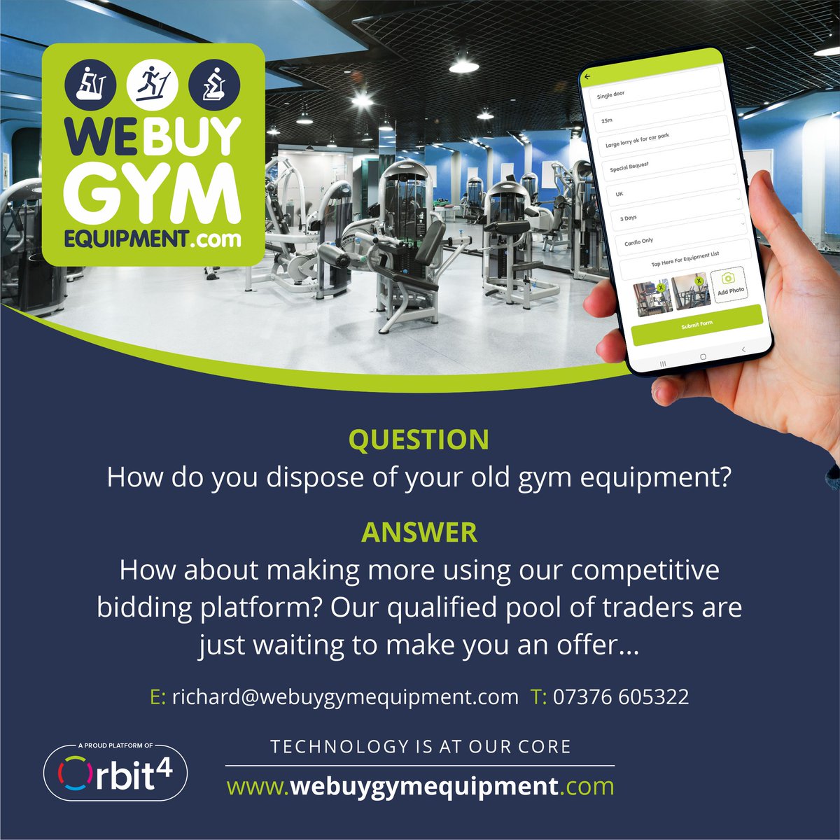 Hundreds of reliable traders are waiting to bid on your used gym equipment at <a href="/WeBuyGymKit/">WeBuyGymEquipment</a> .
Global leaders in data-led fitness management.
#Orbit4 #webuygymequipment #gymauction #orbit4
#sellcommercialgymequipment #fitnessequipmentsel #gymequipment #sellsportsbike
#sellfitness