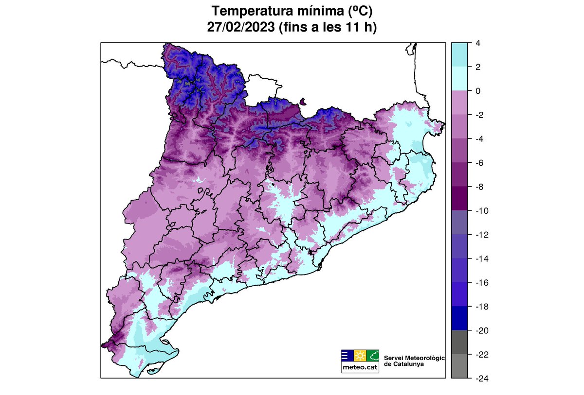 meteocat's tweet photo. La matinada de dilluns ha estat la més freda de l'hivern a les àrees de muntanya i a sectors del litoral i prelitoral Central. 

El vent i els núvols han impedit que glacés arran de mar, però sí que ho ha fet als massissos del litoral (tons rosats al mapa de temperatura mínima). https://t.co/lJlpIzcuSw