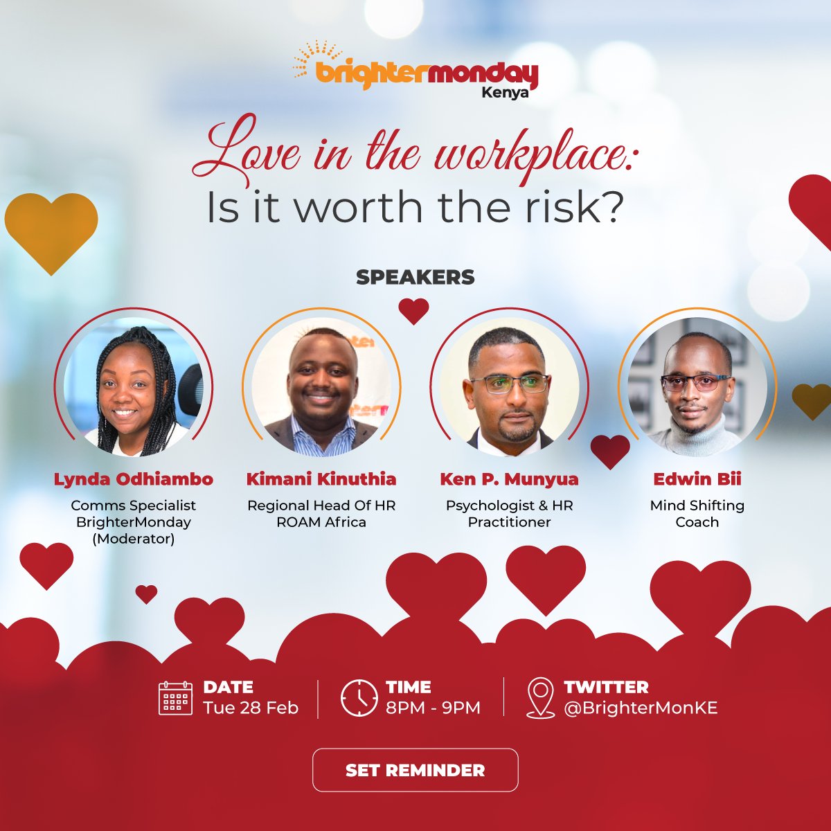 BrighterMonKE's tweet photo. Join us for a Twitter Spaces discussion where we'll be diving into the tantalizing topic of #OfficeRomance. 
Is love in the workplace worth the risk? ❤️🤔

▶ Come through &amp; share your opinions on this hot topic! 
> Set Reminder: https://t.co/2iHocXY0ix

#JoinTheConversation https://t.co/cS3dGwsgiW